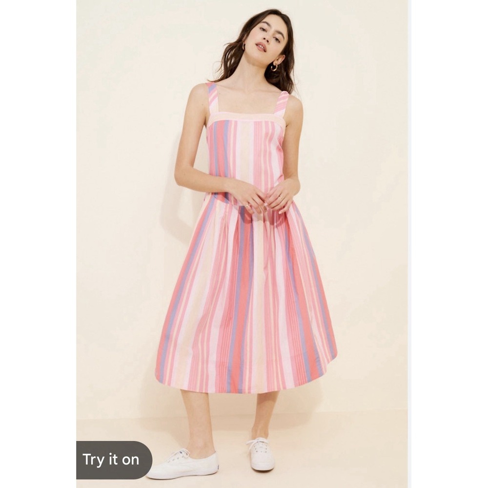 Free People NWT Woman's S Primavera Stripe Midi Dress Pink Coral & Blue NWT